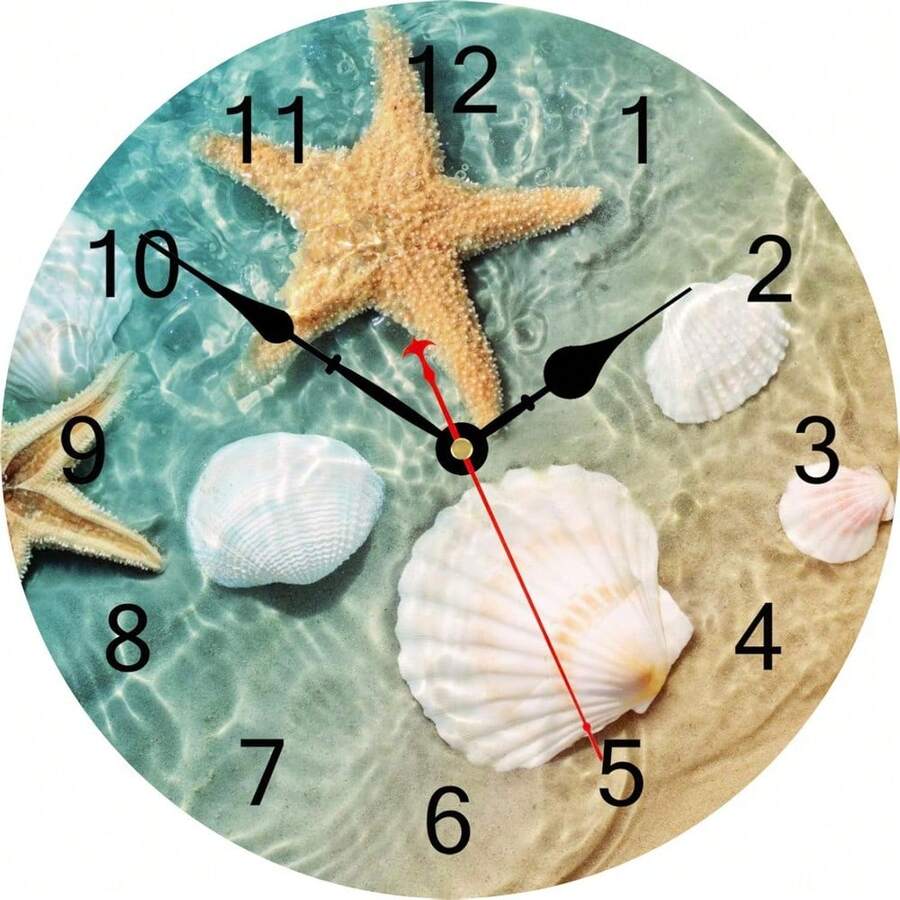 Beach Seashell Starfish Wall Clock, Coastal Nautical Bathroom Decor And Accessories, Silent Decorative Battery Operated Clocks For Living Room Kitchen Bedroom, 12 Inch - Starfish & Seashell - View 1
