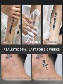 1片逼真临时纹身贴纸，半永久纹身，Y2K玫瑰图案，防水防汗，可持续1-2周，逼真的草本汁液效果，不反光，黑色，男女通用，适用于手臂、胸部、腿部、腹部、腰部、手指、颈部、脊柱等部位，现代人体彩绘 - 黑色 - 查看 4