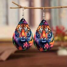 Nouvelles boucles d'oreilles en bois de créativité mode avec un motif recto-verso de tigre audacieux. Boucles d'oreilles de luxe à la mode
