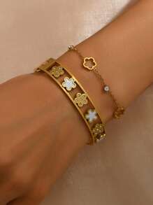 Juego de pulsera y brazalete de acero inoxidable con diseño de strass y trébol, estilo elegante y de moda, adecuado para uso diario de mujer, regalo de Navidad, regalo festivo