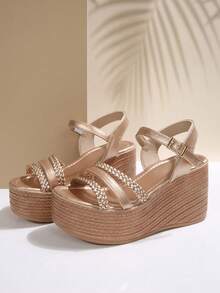 Women's 2025 Spring/Summer New Wedge Thick Bottom Beach Vacation Strap Woven Design High Heel Sandals, Dress Style Fashion High Heel Slippers - 金色 - 查看 2