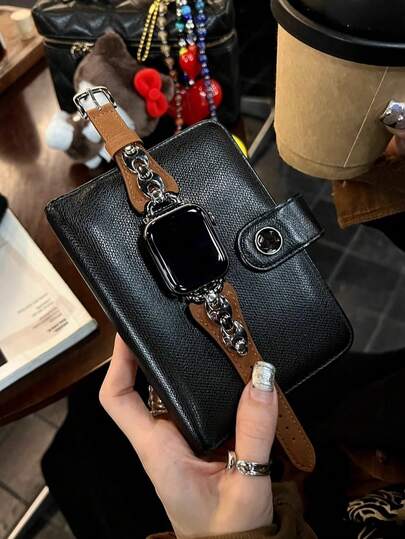 1pc Creative Clover Sandwich Leather Watch Band, Compatible With 38/40/41/42/44/45/46/49mm Watches, And Ultra/SE10/9/8/7/6/5/4/3/2/1