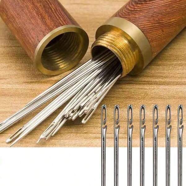 12pcs Stainless Steel Side Hole Threaded Needles, Suitable For Elderly Handcraft, DIY Home Decor Crafts - White, Gold Sewing Needles
