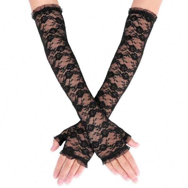 Elegant Women's Fingerless Lace Gloves - Sexy & Breathable Elbow-Length Arm Warmers For Summer Events, Performances & Parties | Delicate Floral Lace Design | Sun-Protective & Fashionable Accessory