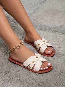 Sandalias planas de estilo coreano casual para mujer, para uso en exteriores, de punta abierta, nuevos modelos de primavera/verano, sandalias romanas trenzadas para la playa, zapatos planos de estilo francés elegante, apropiados para vestidos, ropa formal, sandalias festivas, estilo bohemio de punta abierta para la playa, zapatos de mujer con cristales, zapatos planos y casuales lindos, sandalias planas de suela gruesa, con cordones, lentejuelas, mule, pantuflas con remaches