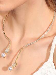 1 buc colier complet cu cristale și choker cu perle din frunze de zirconiu, colier luxos la modă din cupru și argint, potrivit pentru femei, purtare zilnică, aniversare, nuntă, petrecere, sărbătoare, colier de bijuterii de mireasă