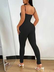 Street Style Lace Trim Bowknot Fitted Jumpsuit - Black - View 1