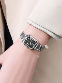 1 pièce Montre Quartz Carrée Pour Femme, Bracelet En Acier Inoxydable À La Mode, Design Minimaliste Et Polyvalent