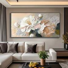 1 peça de pintura de parede em tela sem moldura, textura floral de peônia em branco e rosa, decoração de pôster de parede botânico, decoração de parede moderna sem moldura adequada para sala de estar, quarto, escritório, sala de jantar - decoração de parede elegante, arte de parede, mistura de cores ricas, detalhes intrincados de pétalas