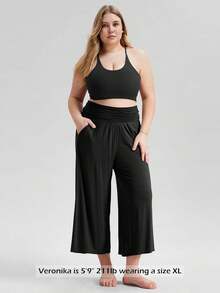 Women's Wide Leg Palazzo Lounge Cropped Pants With Pockets Light Weight Comfy Pajama Capri Pants-20/22"/ 24" Inseam - 黑色 - 查看 9