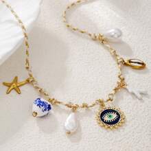 Colar feminino boêmio de aço inoxidável com pingente de concha de concha de oceano, estrela do mar, coração, olhos de diabo, joias, corrente de elos, moda praia, férias, presentes