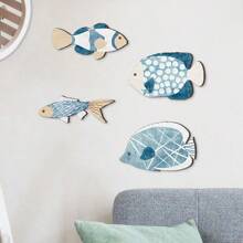 Juego de 4 decoraciones de pared de madera con forma de peces, decoración costera, decoración náutica colgante para baño