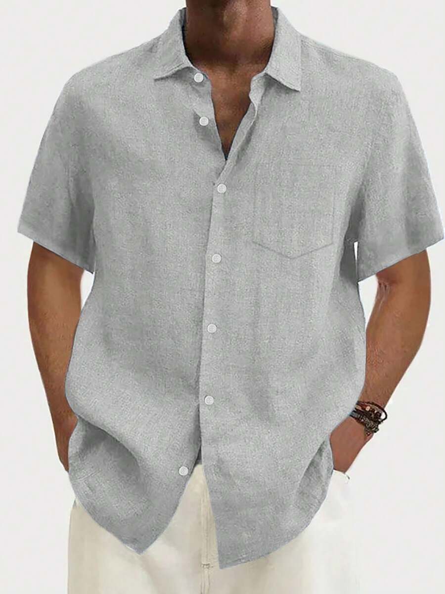 Plus Size Men's Casual Basic Button-Down Lightweight Short Sleeve Shirt - Light Grey - View 1