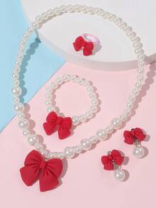 5 件/套女孩可爱珍珠蝴蝶结项链手链耳环戒指首饰套装，简约百搭 - 彩色 - 查看 14
