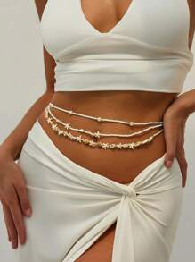 3 peças Corrente de Cintura/Corpo com Contas de Estrela do Mar e Concha em Estilo Boêmio da Praia da Moda, Joia de Corpo Sexy para Mulheres, Adequada para Uso Diário e Decoração de Férias na Praia