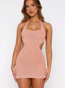 Vestido mini de sirena con espalda descubierta, cruzado de tiras, lazo, apertura lateral en la cintura y sexy, adecuado como cubierta para la playa