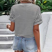 Contrast Black & White Stripe Button V-Neck Short Sleeve Blouse