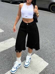 女式不对称下摆破洞7/10长度牛仔裤 - 黑色 - 查看 7