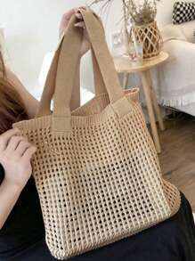 Bolso de hombro de mujer tejido a crochet de estilo minimalista y hueco, con gran capacidad y con hilos gruesos de punto, bolso de malla para compras, bolso de playa y de viaje, bolso bohemio de moda de verano de punto con diseño hueco tejido a mano.
