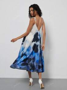 Women's Fashion Floral Print V-Neck Casual Vacation Style Spaghetti Strap Backless Summer Dress, Se-Hore Design
