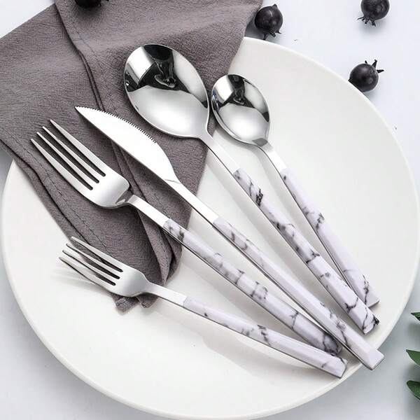 Juego de cubertería de 5/15 piezas con patrón de mármol, juego de cubertería occidental de 5 piezas que incluye cuchara de cena, tenedor de cena, cuchillo de cena, cuchara de postre, tenedor de fruta, 1 juego que satisface diversas necesidades de comida, adecuado para comidas diarias, cuchillo y tenedor de filete de hotel, fiesta de cumpleaños