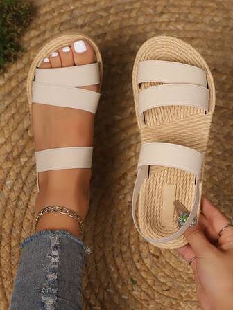 最新款夏季女式休闲舒适轻便仿亚麻绳鞋底松紧带一脚蹬平底凉鞋