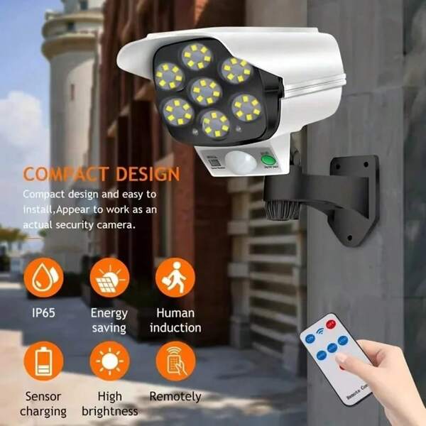 1pc New Solar Powered LED Remote Control Camera Sensor Wall Light Yard Lamp, Security Monitoring Anti-Theft Light