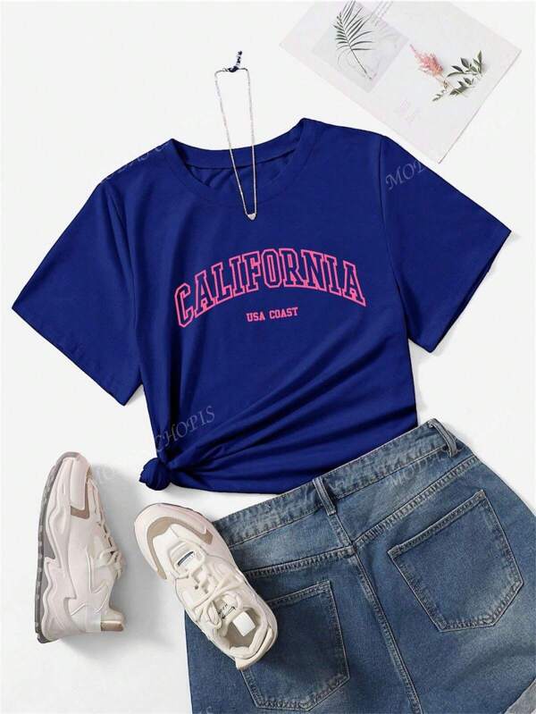 Dama mujer joven juvenil moda chopis playera cuello redondo manga corta gym suave primavera verano jardín casual viaje diseño California