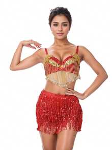 Conjunto de sujetador de danza del vientre con lentejuelas brillantes y cadena de cintura con flecos para mujer, disfraz de carnaval - Multicolor - Ver 12