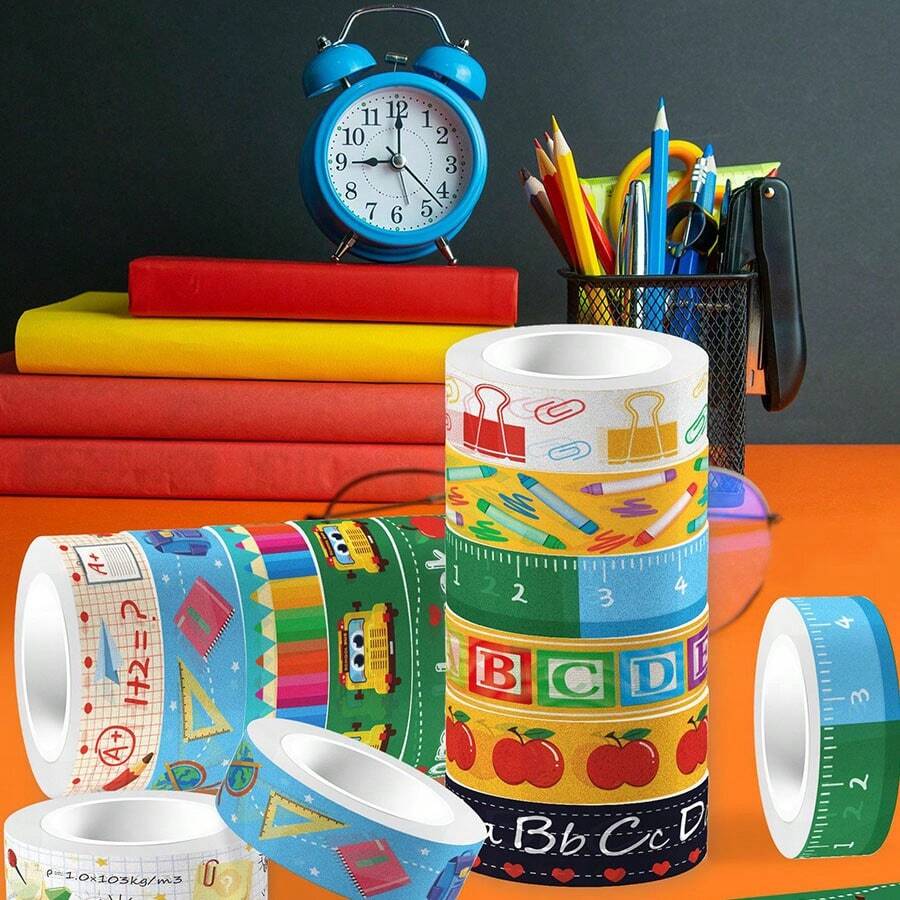Set de 12 piezas/6 piezas/1 pieza de cintas washi con temática escolar, cinta adhesiva decorativa, pegatinas hechas a mano multicolor para manualidades, envolver regalos y proyectos DIY, colores y estilos aleatorios para la temporada de regreso a clases, útiles escolares