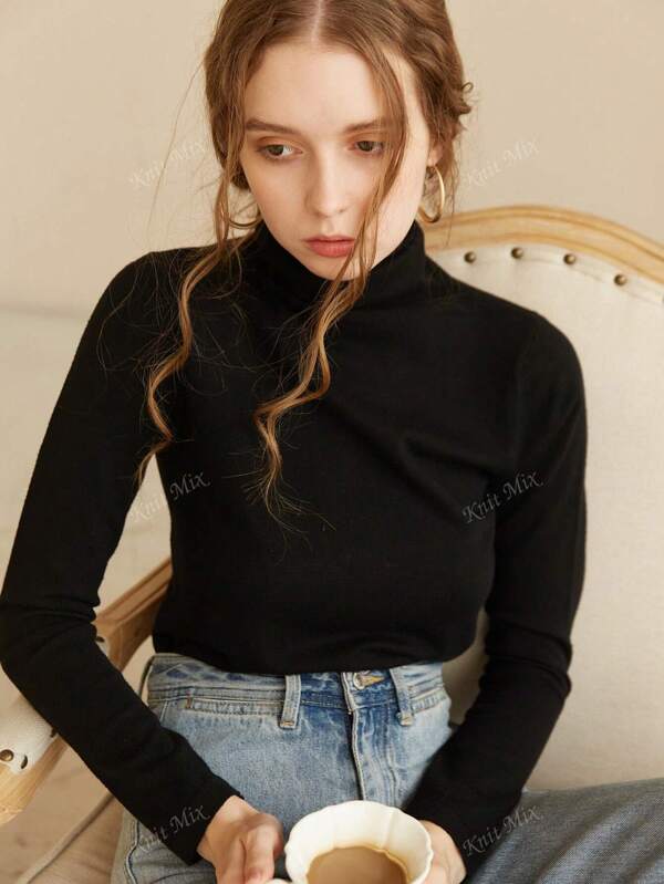 Knit Mix Women's Plain High Neck Long Sleeve Knit Sweater For Autumn Winter, Slim Fit Commuter Style Top For Valentine's Day, Modest Vintage Old Money Style Versatile Casual Wear Back To School Fall Women Clothes Autumn