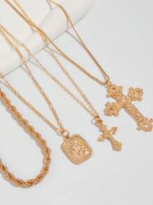 4 Pcs Punk Cross Pendant Necklaces, Layered Women Jewelry Fashion Accessories