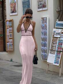 FOR BEAUTY 春夏新款收腰性感露背吊带针织连衣裙，女士海滩度假波西米亚音乐节优雅粉色连衣裙，新年情人节海滩装扮针织连衣裙