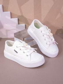 Girls' Canvas Shoes, New Spring/Summer Student Kids White Shoes Thick Bottom Middle/Big Children Sports Shoes Boys/Girls Breathable Casual Sneakers - White - View 4