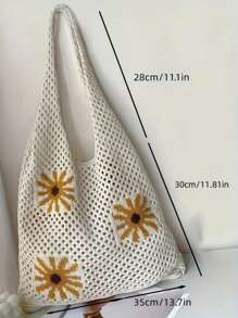 1 bolsa tote de crochê com estampa de girassol floral - perfeita para férias na praia, passeios casuais, etc. - estilo Y2K - grande capacidade - sem zíper - forro de tecido - estampa de posicionamento - sem borlas