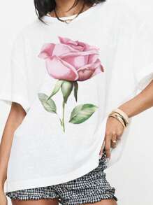 Women's Loose Tops Summer Causal Fruit Print/Rose Print Loose Round Neck Half Sleeve T Shirt