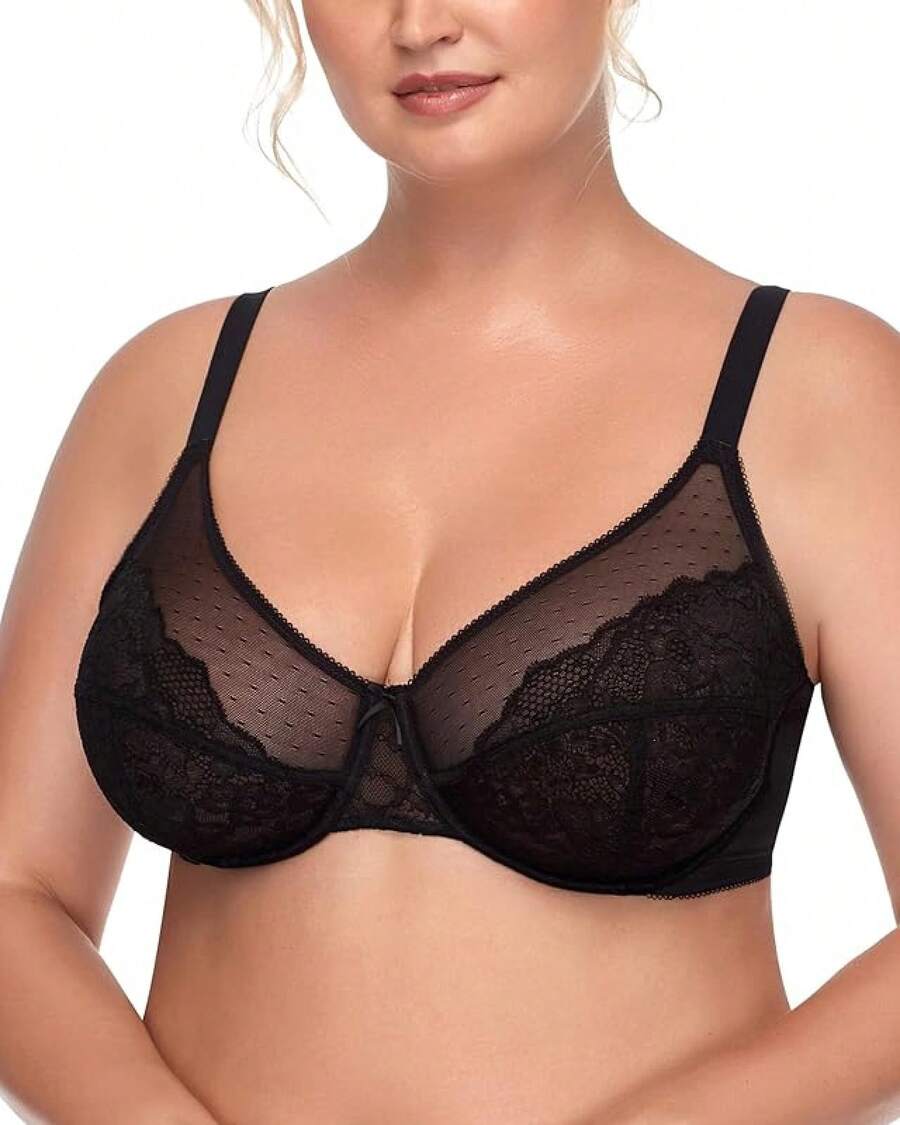 Minimizer Bras Women Full Coverage Underwire Bras Plus Size Lifting Lace Bra Heavy Breast - 黑色 - 查看 1
