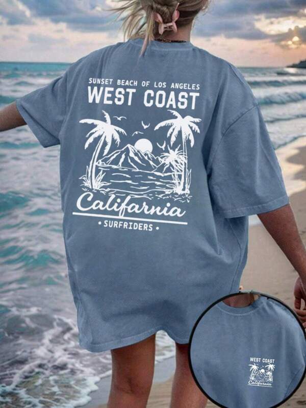 Women's New Summer Casual Round Neck Short Sleeved T-Shirt With Simple And Versatile Palm Tree Slogan Print Suitable For Daily Wear. Graphic Tees Women White Top Black Top Pink Top Vacation Outfits Women