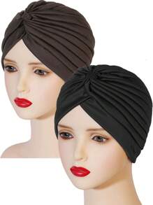 2 Peças Gorros Turbante de Cor Sólida - Toucas de Cabeça Pregueadas, Gorros Quimioterapia com Elástico Criscruzado na Testa, Lenços de Cabeça Femininos para Uso Casual