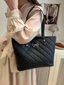 2025 New Rhombus Pattern Casual Large Capacity Bow Decor Tote Bag, Minimalist Fashion Handbag