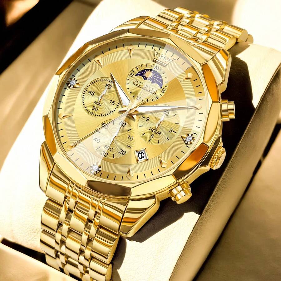 OLEVS. OLEVS Watches For Men Business Dress Luxury Casual Chronograph Multifunction Analog Quartz Stainless Steel Waterproof Luminous Moon Phase Date Men Wrist Watches Reloj Para Hombre - 金色 - 查看 1