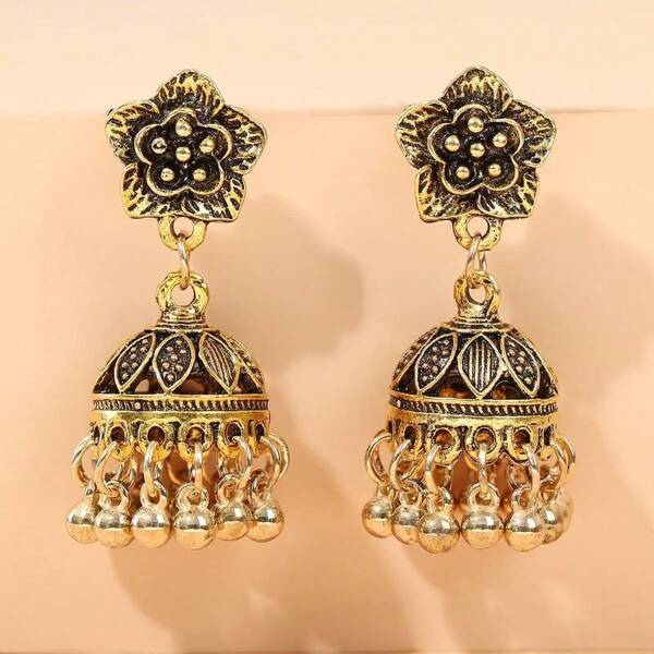 1 Pair Vintage Zinc Alloy Filigree Bell Pendant Earrings, Everyday Wear For Women