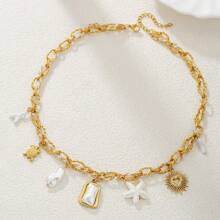 Colar feminino boêmio de aço inoxidável com pingente de concha de concha de oceano, estrela do mar, coração, olhos de diabo, joias, corrente de elos, moda praia, férias, presentes