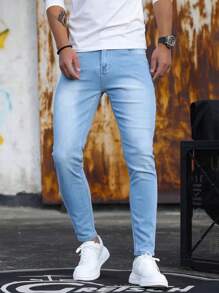 1pc Men Skinny Distressed Denim Jeans, Elastic Breathable Casual Cargo Pants With Pockets, Solid Color Suitable For Urban Walking, Family Outdoor Activities, All Season