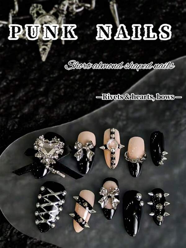 Original Design, Handmade, 10 Punk Style Nails, Studded Nails, Long Almond Shaped Fake Nails, Perfect Fusion Of Sparkling Hearts And Studded Punk Elements, Showcasing Your Charm And Making You A Unique Punk Girl. Spicy Punk Girl Cyberpunk Metal Heavy Black Nail Set, Suitable For Women And Girls To Wear On Daily Holiday Parties, Enhancing Your Appearance, Pressing Nails