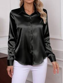 Camisa de mujer elegante de popelín, blusa de manga larga de un solo pecho de unicolor clásico, vestimenta de oficina, nueva llegada 2025