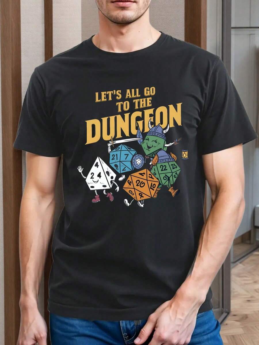 Fun Dungeon Men's T-Shirt, 220gsm Pure Cotton Short Sleeve Crew Neck Summer T-Shirt (1 Piece)
