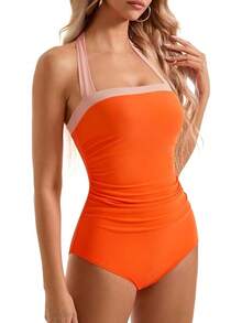 Women Sexy Tummy Control One Piece Swimsuit Halter Retro Bathing Suit - 68 Orange - View 1