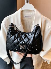 1 Pc New Pu Material Girl's Diamond-Shaped Butterfly Rhinestone Decorated Solid Color Shoulder Bag, With Adjustable Shoulder Strap And Smooth Zipper Opening And Closing, Fashionable, Exquisite, Simple And Beautiful, Suitable For Daily Shopping, Commuting And Vacation - A - View 6
