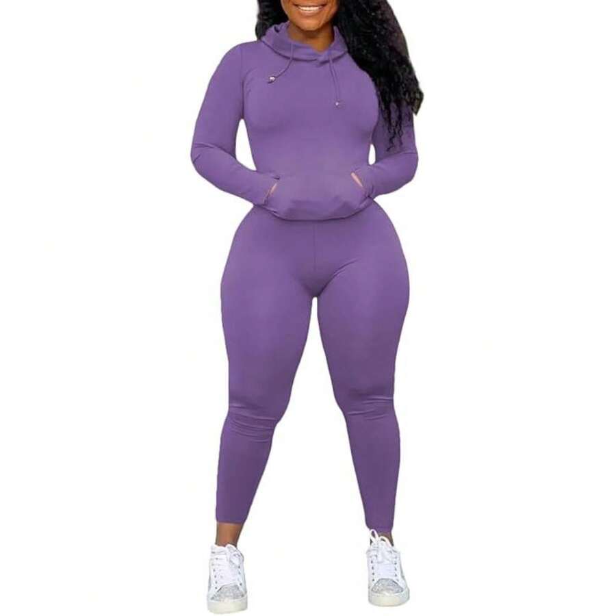 2 Piece Outfits For Women Sweatsuits Sets Hooded Tracksuit Long Sleeve Pullover Jogger Sweat Pants Set Womenswear Clothes - Purple - View 1